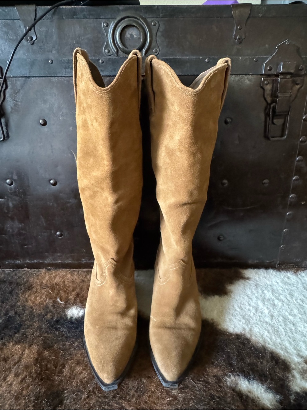 Zara Camel Suede Knee-High Western Boots